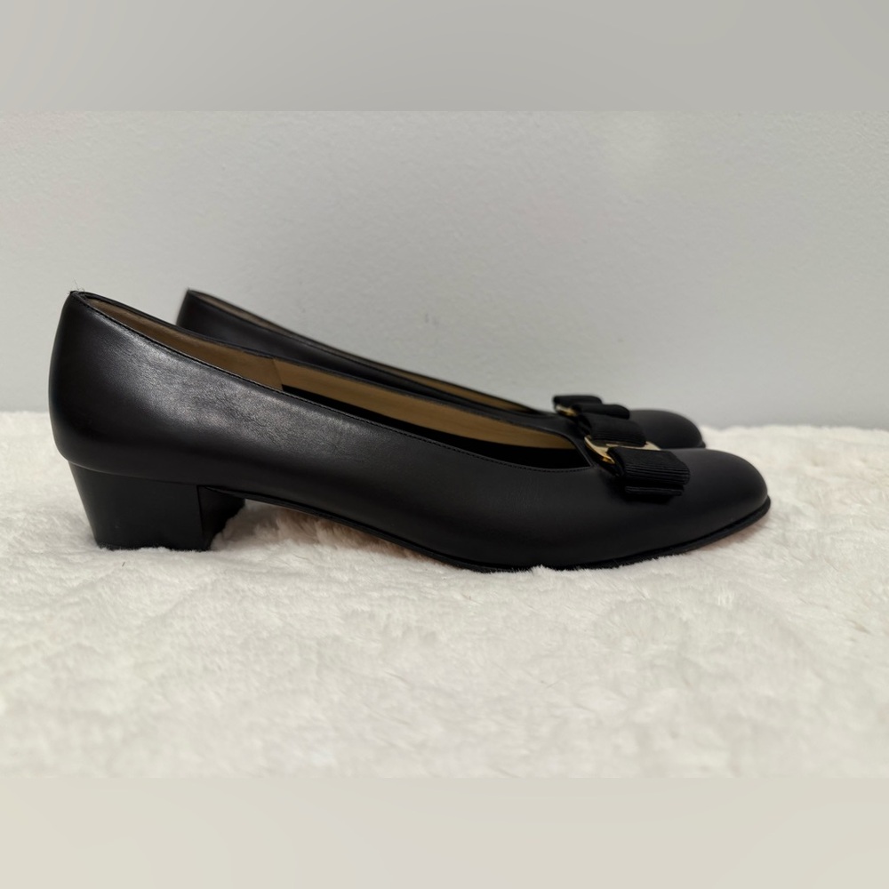 Salvatore Ferragamo Black Low Heel  with Gold Buckle - Picture 2 of 7